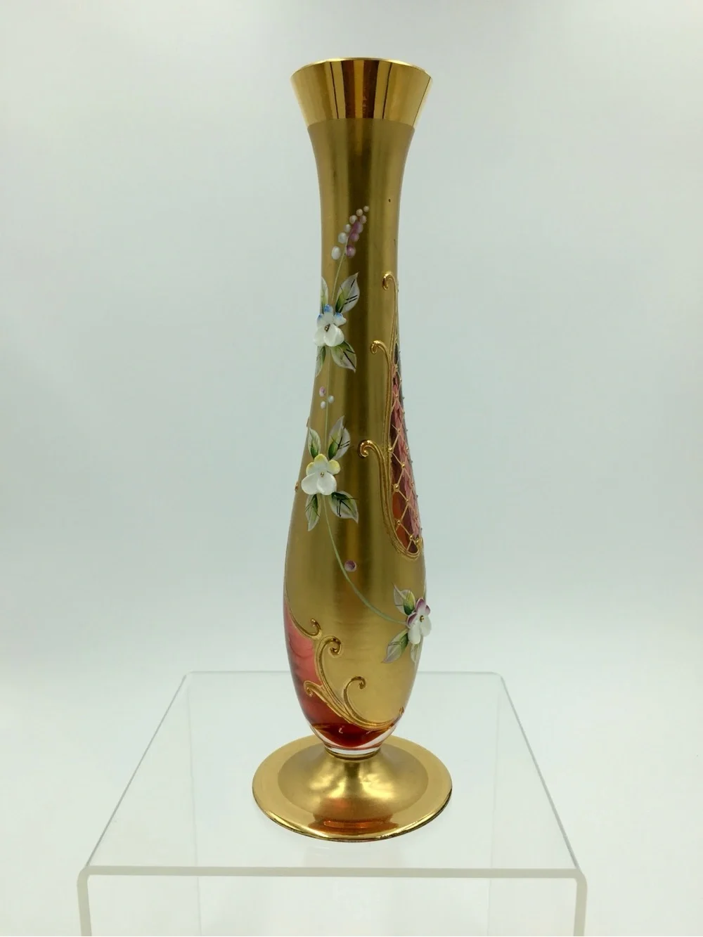 Vintage Czech Bohemian Lead Crystal 24K Gold Gilt Hand-Painted Art Glass Vase